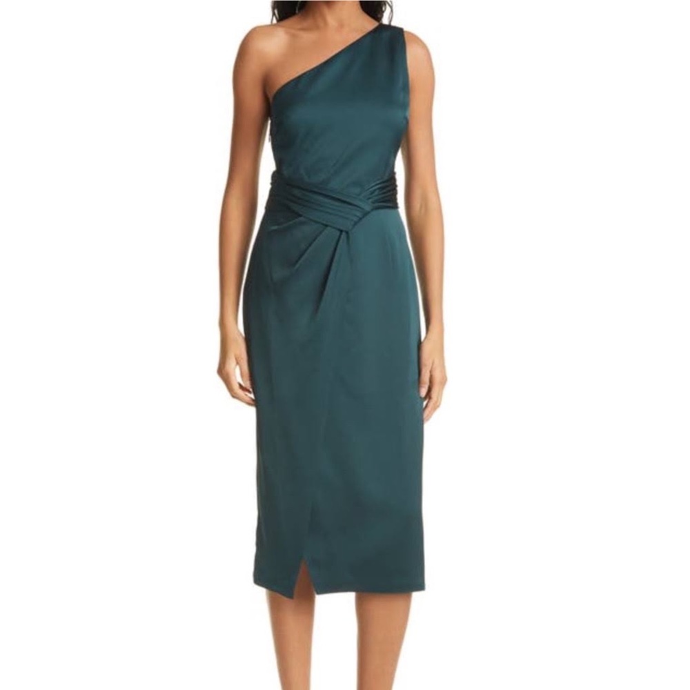 NWT Ted Baker emerald deep green one shoulder knotted split hem dress